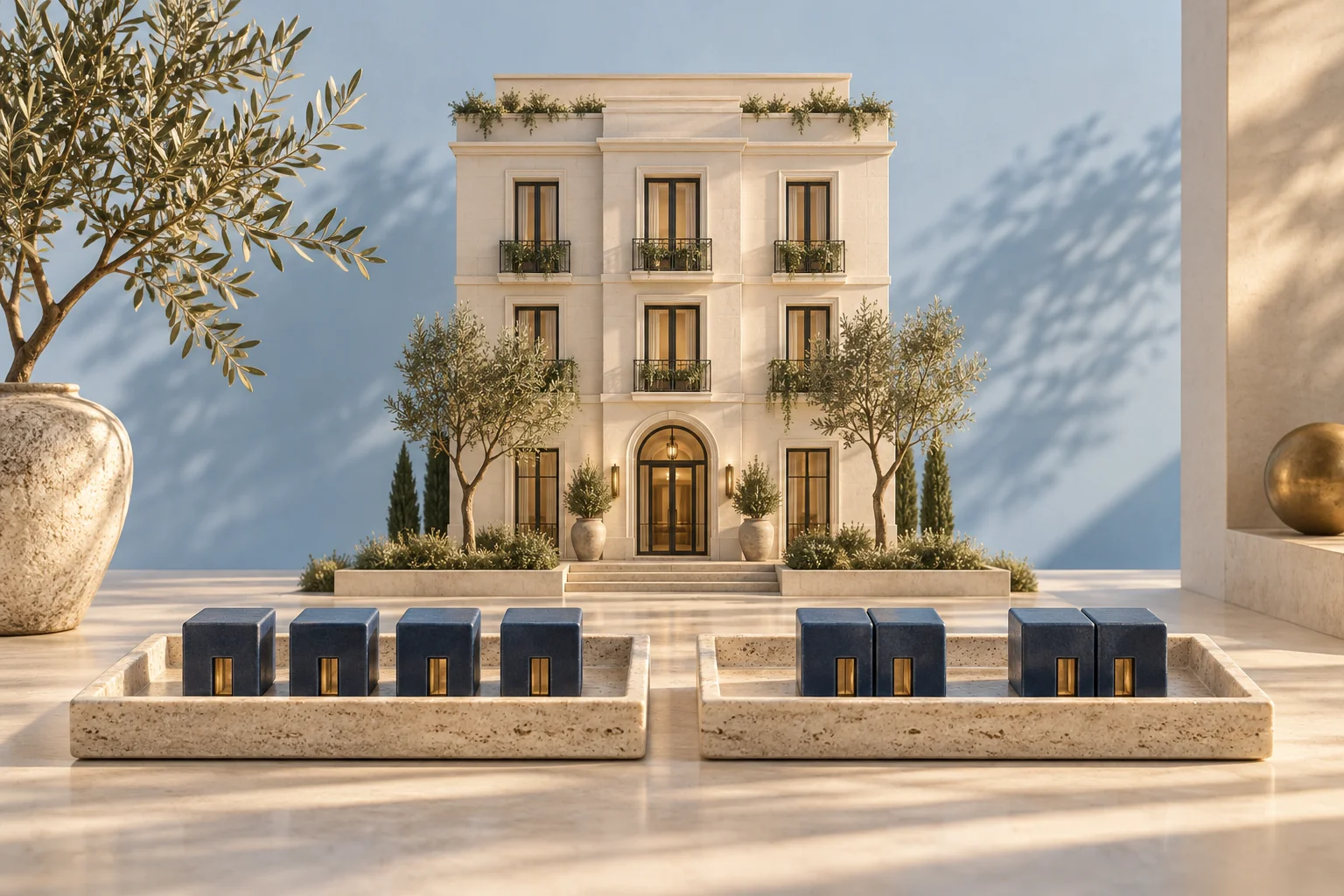 Μπλε κύβοι σε διαφορετικές ομάδες σε δύο δίσκους δίπλα σε μακέτα ξενοδοχείου