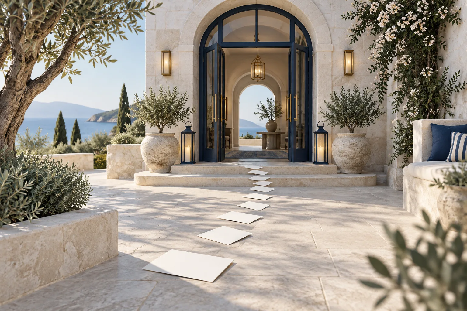 Ήσυχη αυλή boutique ξενοδοχείου με κενές κάρτες κράτησης στη διαδρομή εισόδου