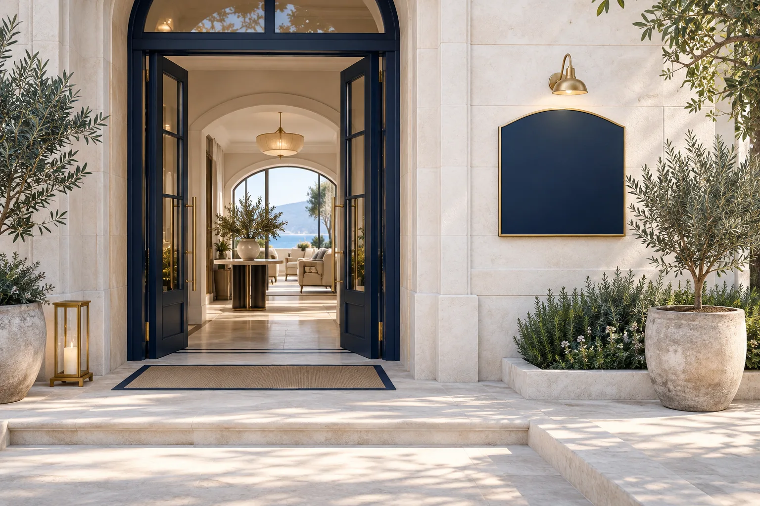 Boutique ξενοδοχείο με κενή σκούρα μπλε πινακίδα στην είσοδο