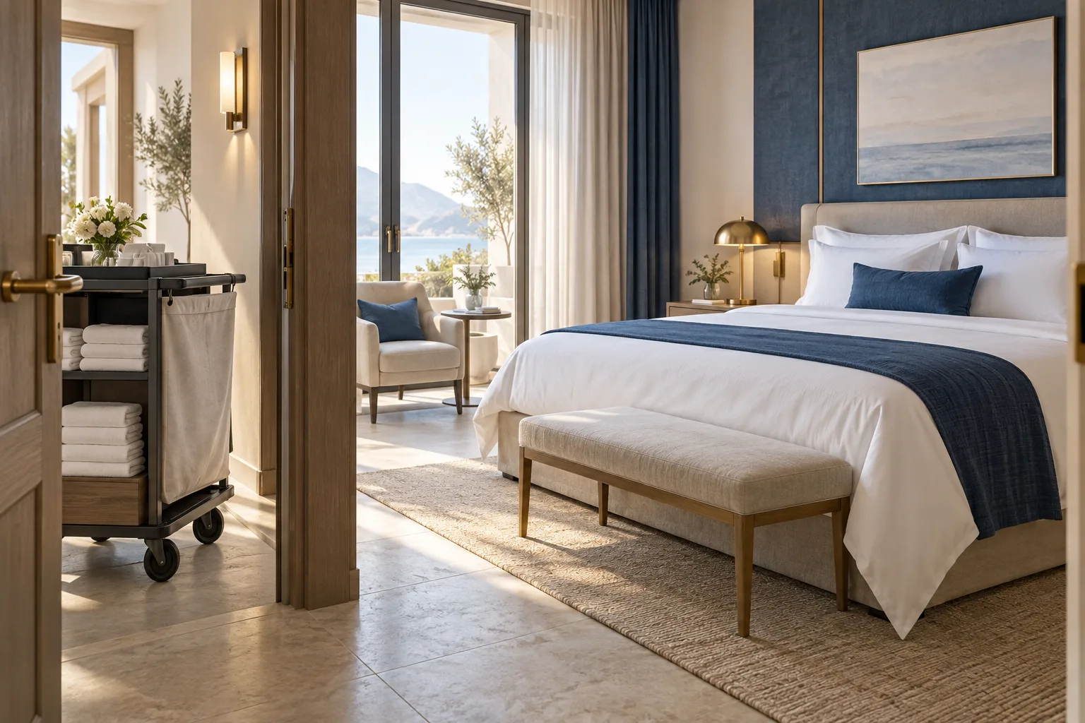 Δωμάτιο boutique ξενοδοχείου με καθαρά λευκά είδη και καρότσι στην πόρτα
