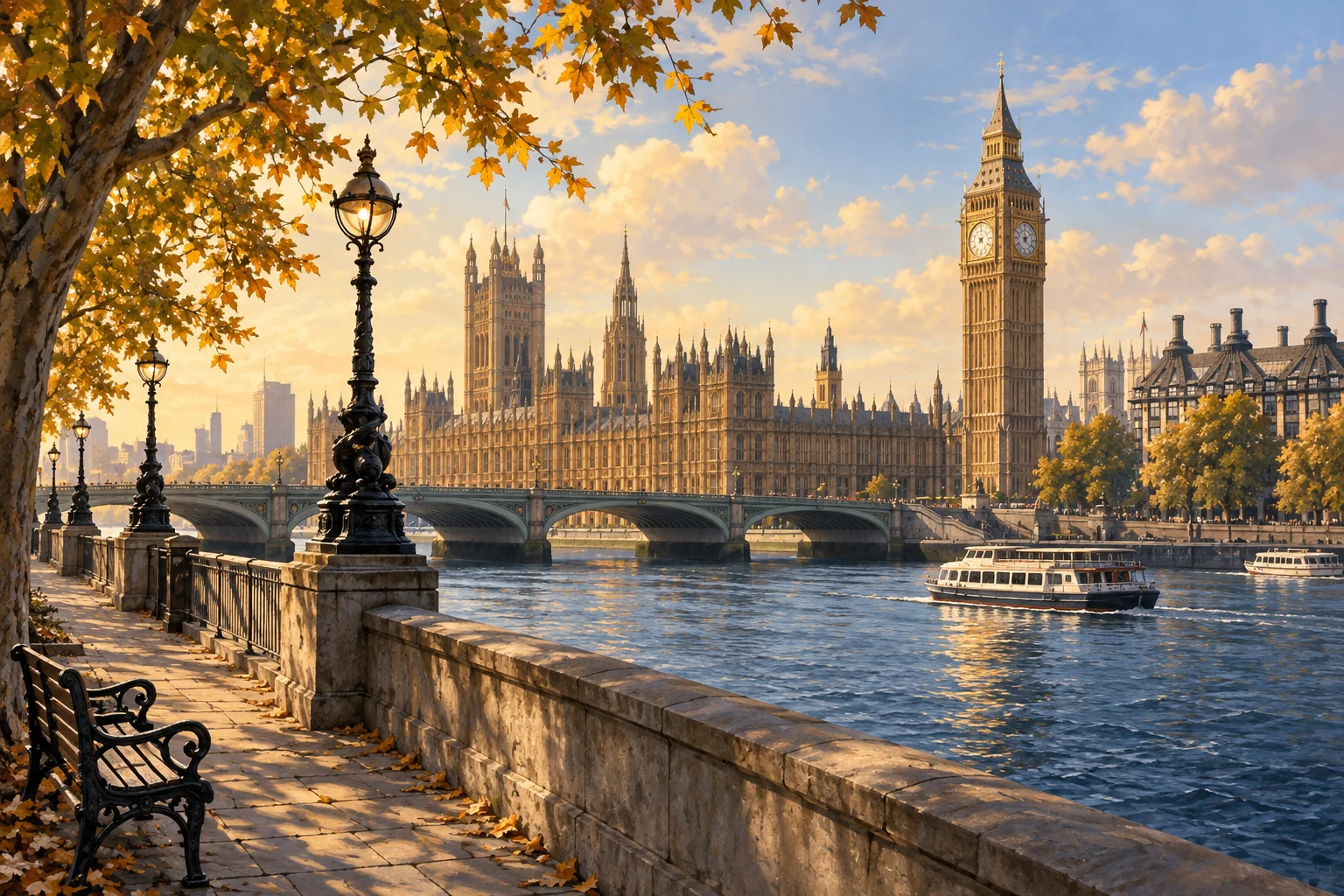 Londra’da Elizabeth Tower, Parlamento binası ve Thames kıyısı