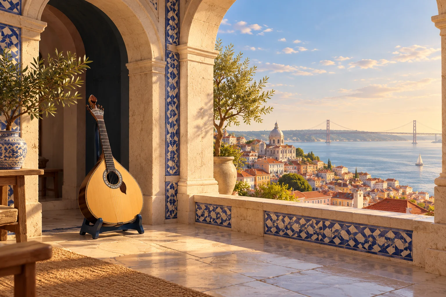 Mavi beyaz çinili taş kemer altında Portekiz gitarı ve nehre bakan çatı manzarası