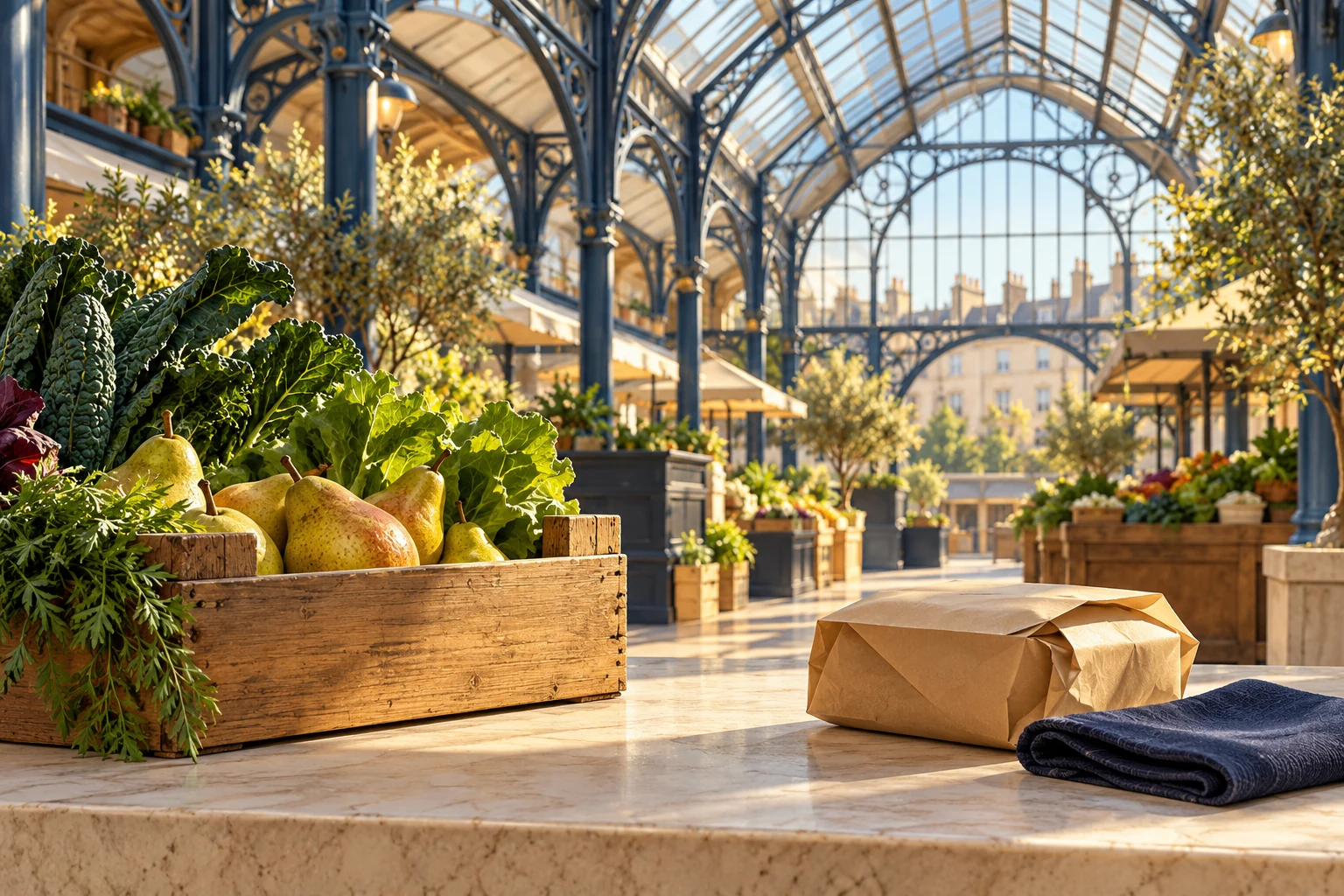 Produce crate, plain paper takeaway parcel and navy napkin beneath an iron-and-glass market arcade