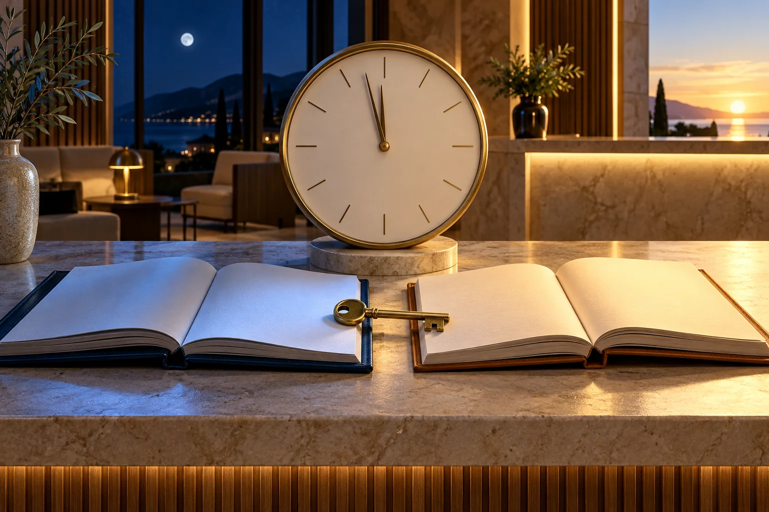 Gece yarısına yaklaşan saat, iki açık defter ve pirinç anahtar