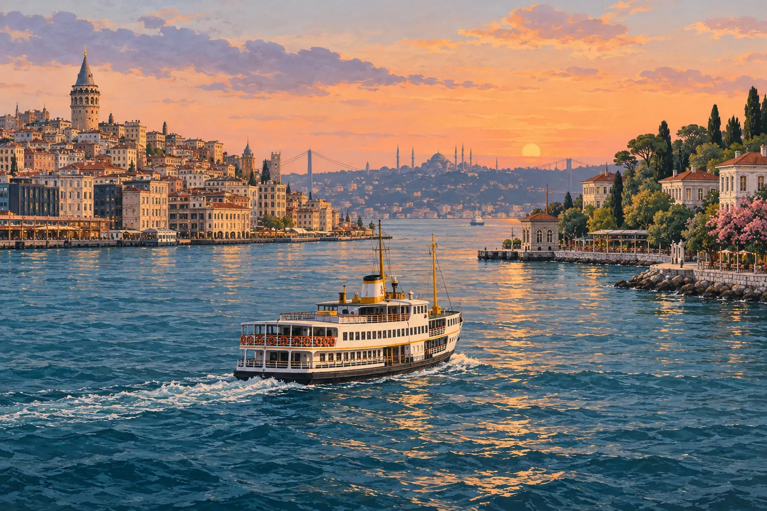 Boğazda vapur; İstanbul’un iki yakası gün batımında görülüyor