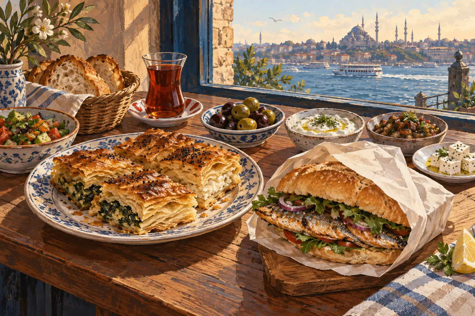 İstanbul kıyısında balık ekmek, börek ve meze sofrasını gösteren illüstrasyon
