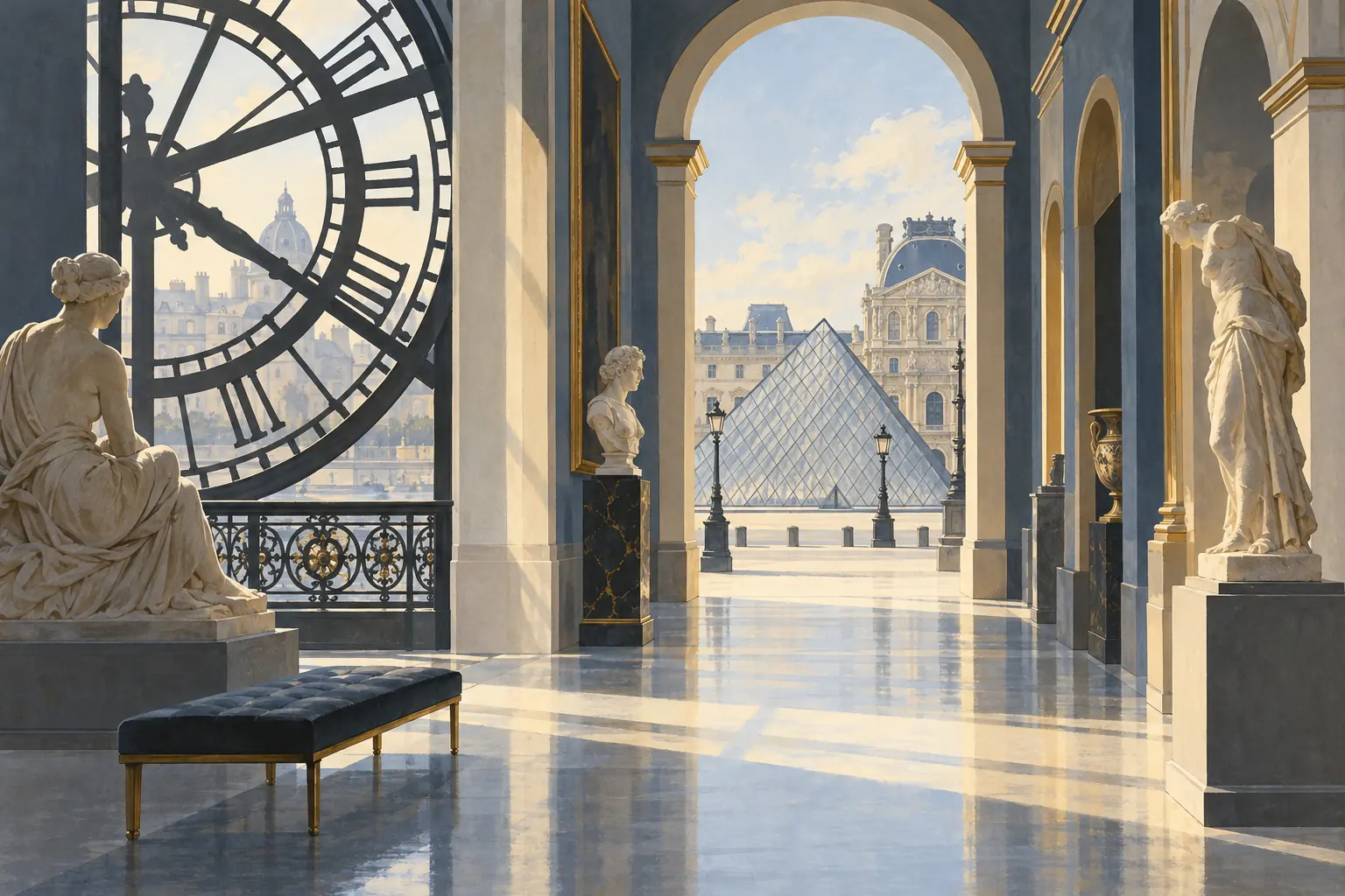 Paris müzesi: büyük bir saat ve cam piramit içeren resimli galeri