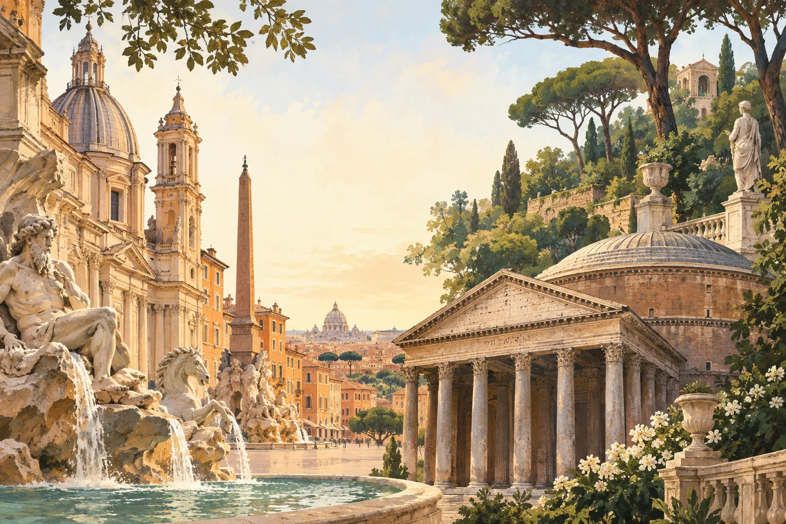 Roma’da Piazza Navona çeşmesi ve Pantheon kubbesini bir araya getiren resimli şehir manzarası