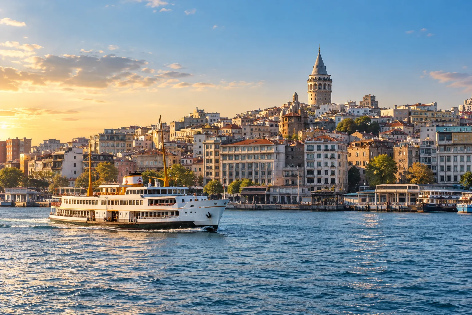 İstanbul kıyısı önünde vapur ve Galata Kulesi silüeti